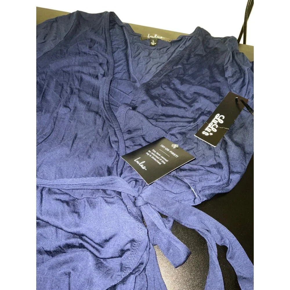 Lulus Wrapped Up In Style Navy Wrap Maxi Dress Long Sleeve Slit Size Large - Picture 6 of 15